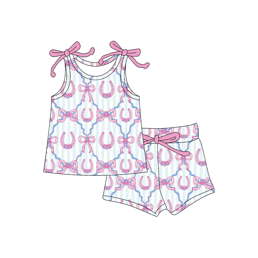( Moq 5 ) Preorder Baby Girls Kids Sleeveless Bows Tops Shorts Western Clothes Set