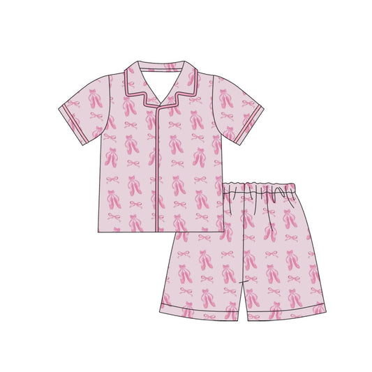 ( Moq 5 ) Preorder Baby Girls Short Sleeves Pink Bows Shoes Buttons Shirt Shorts Pajamas Set