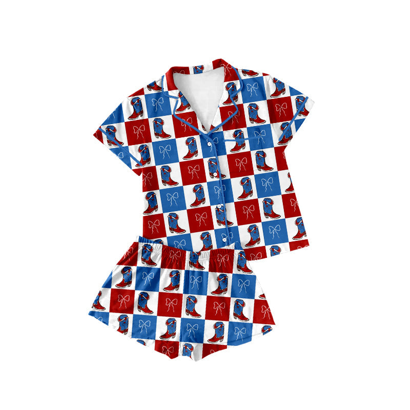 ( Moq 5 ) Preorder Baby Girls Short Sleeves Bows Boots Buttons Shirt Shorts 4th of July Pajamas Set