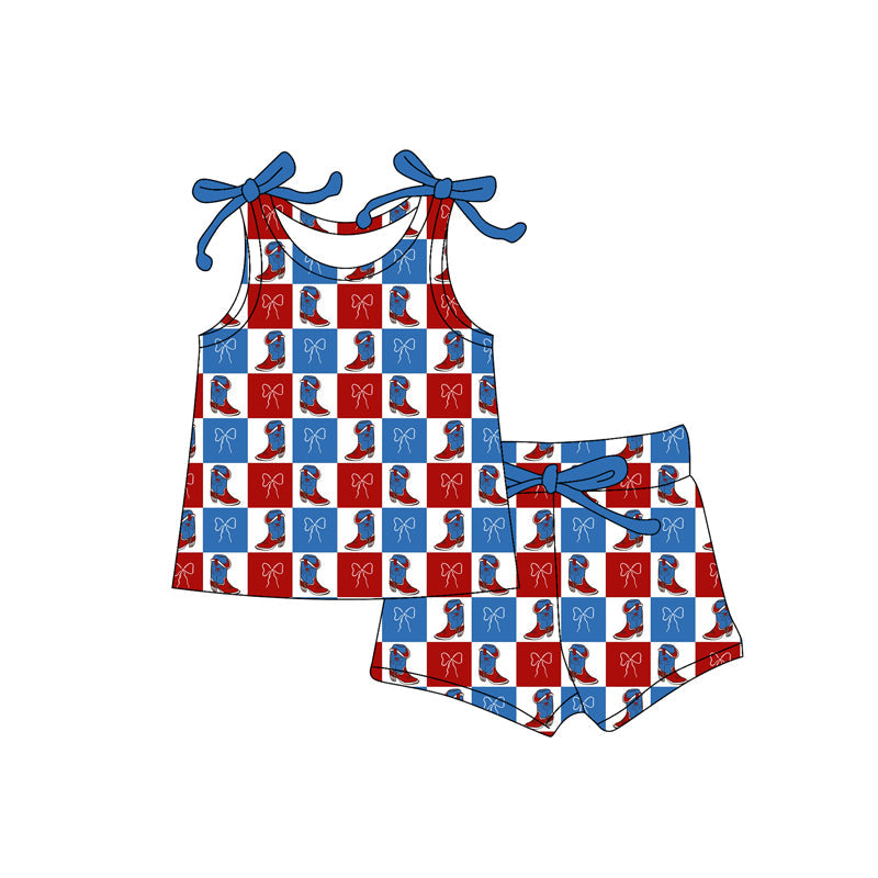 ( Moq 5 ) Preorder Baby Girls Kids Sleeveless Bows Boots Shirt Shorts 4th of July Set