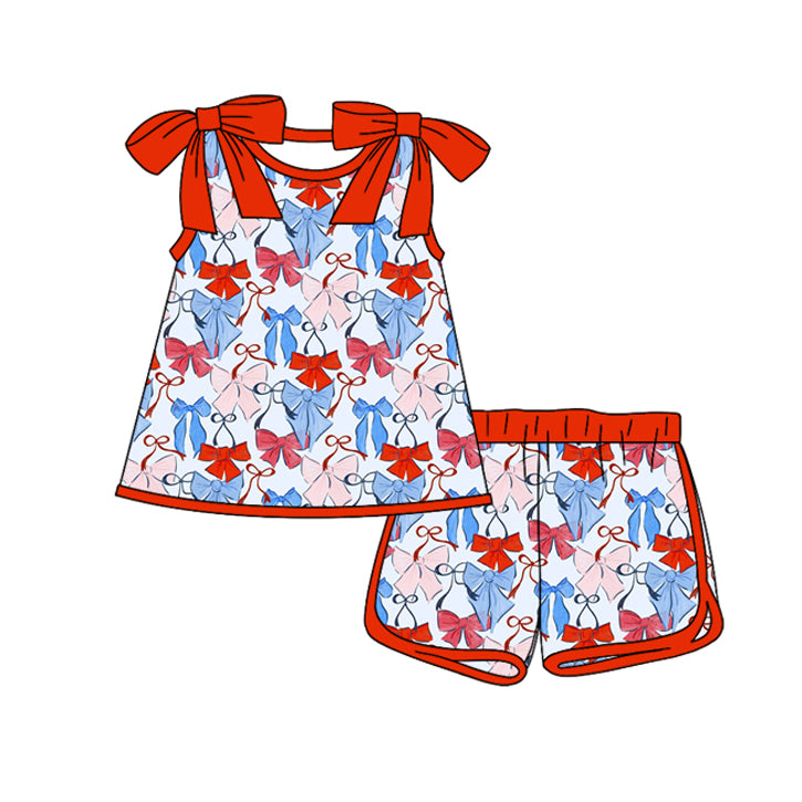 ( Moq 5 ) Preorder Baby Girls Kids Red Sleeveless Bows Tops Shorts 4th of July Clothes Set