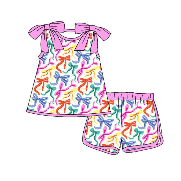 ( Moq 5 ) Preorder Baby Girls Kids Pink Sleeveless Bows Tops Shorts Clothes Set