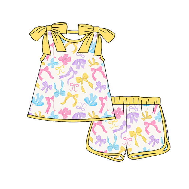 ( Moq 5 ) Preorder Baby Girls Kids Colorful Bows Tops Shorts Clothes Set