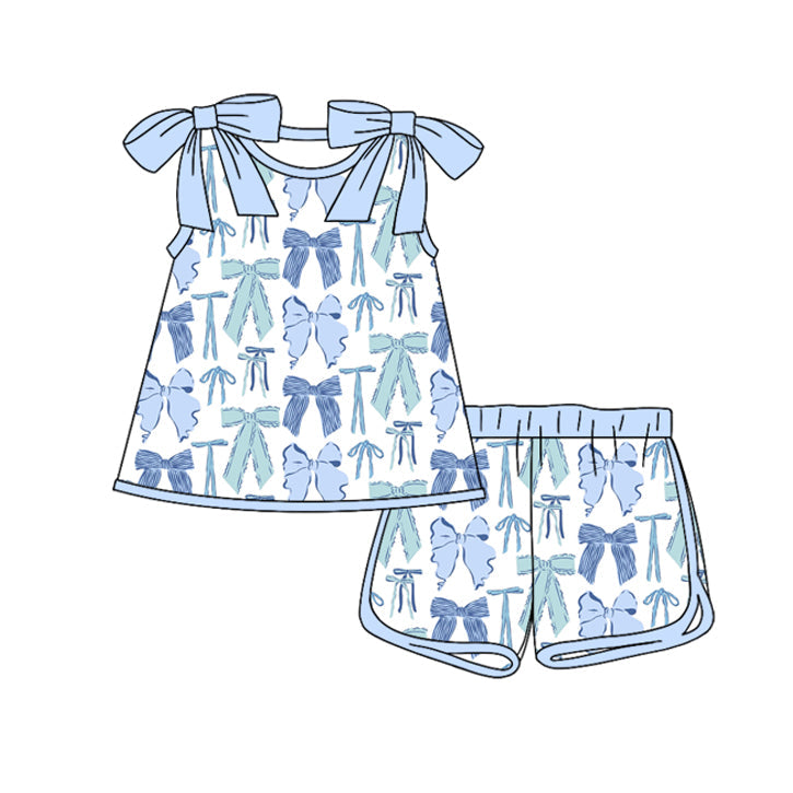 ( Moq 5 ) Preorder Baby Girls Kids Blue Sleeveless Bows Tops Shorts Clothes Set