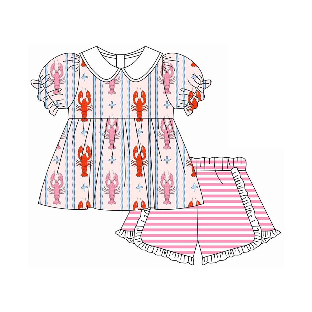 ( Moq 5 ) Preorder Baby Girls Short Sleeves Crawfish Stripes Tops Pink Stripes Shorts Set