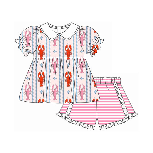 ( Moq 5 ) Preorder Baby Girls Short Sleeves Crawfish Stripes Tops Pink Stripes Shorts Set