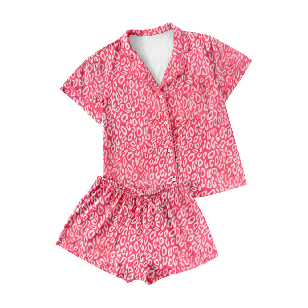 ( Moq 5 ) Preorder Adult Women Short Sleeves Pink Leopard Pocket Buttons Shirt Shorts Pajamas Set