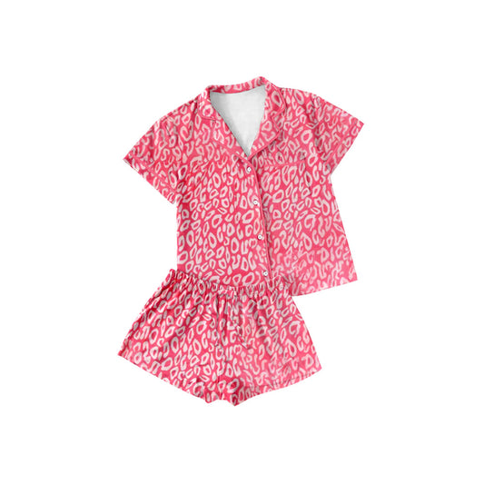 ( Moq 5 ) Preorder Baby Girl Short Sleeves Pink Leopard Pocket Buttons Shirt Shorts Pajamas Set