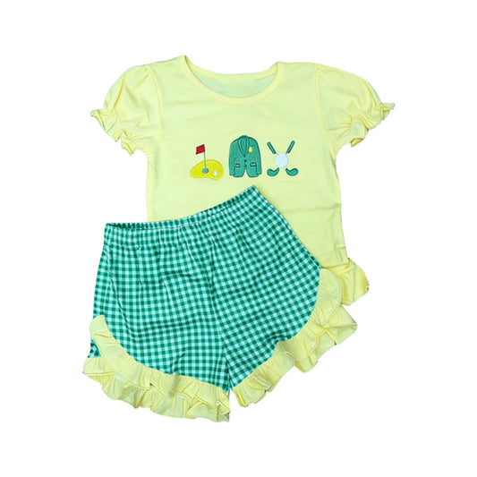 ( Moq 5 ) Preorder Baby Girls Short Sleeves Golf Shirt Green Checked Ruffle Shorts Clothes Set