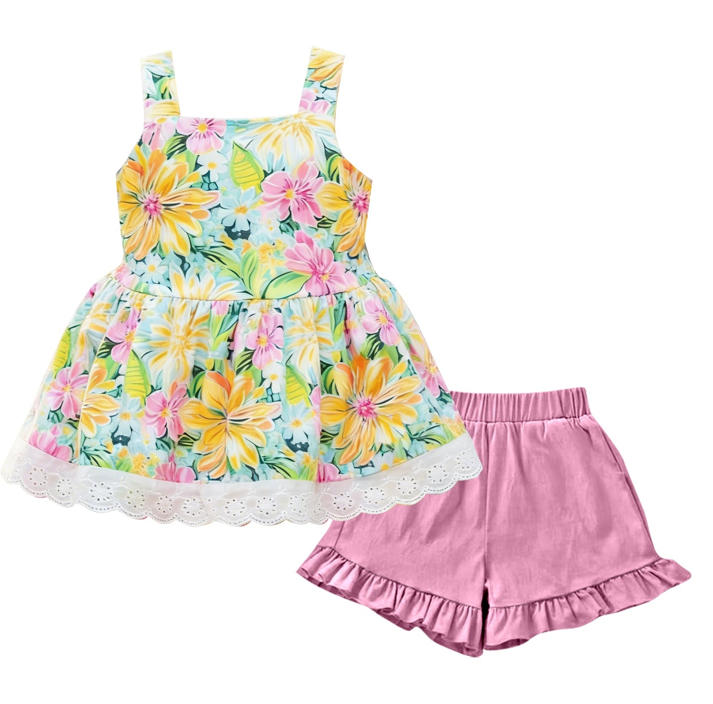( Moq 5 ) Preorder Baby Girls Strap Colorful Flowers Ruffle Tunic Shorts Clothes Set