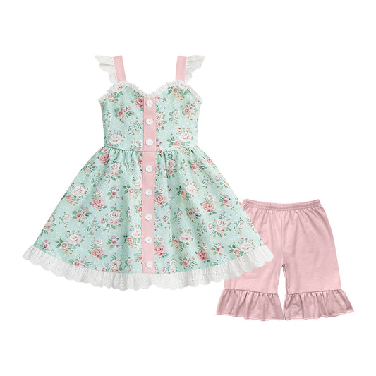 ( Moq 5 ) Preorder Baby Girls Sleeveless Flowers Buttons Tunic Pink Ruffle Shorts Clothes Set