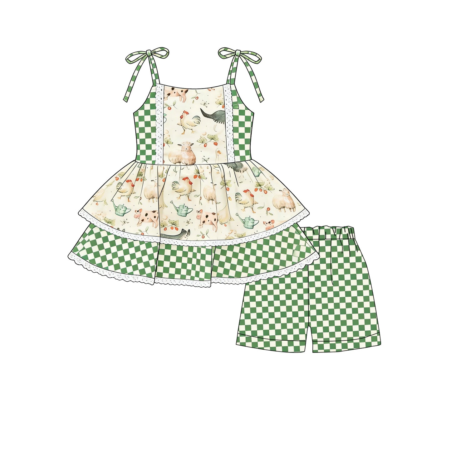 ( Moq 5 ) Preorder Baby Girls Straps Farm Animals Tunic Green Dots Shorts Clothes Set