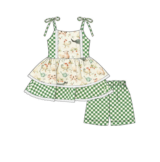 ( Moq 5 ) Preorder Baby Girls Straps Farm Animals Tunic Green Dots Shorts Clothes Set