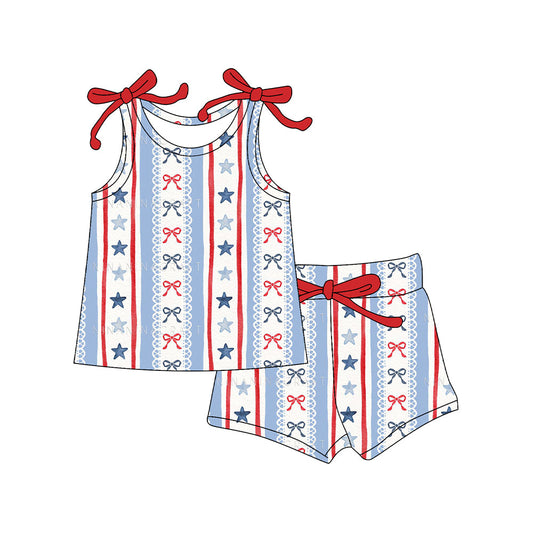 ( Moq 5 ) Preorder Baby Girls Sleeveless Bows Stars 4th of July Tops Shorts Set