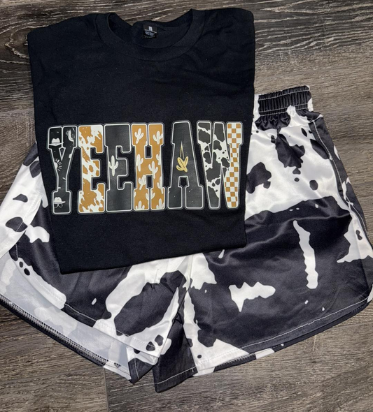 ( Moq 5 ) Preorder Adult Women Short Sleeves Black Shirt Cow Print Shorts Western Clothes Set