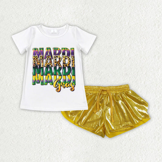 Baby Girls Short Sleeves Mardi Gras Shirt Yellow Leather Ruffle Shorts Clothes Set RTS