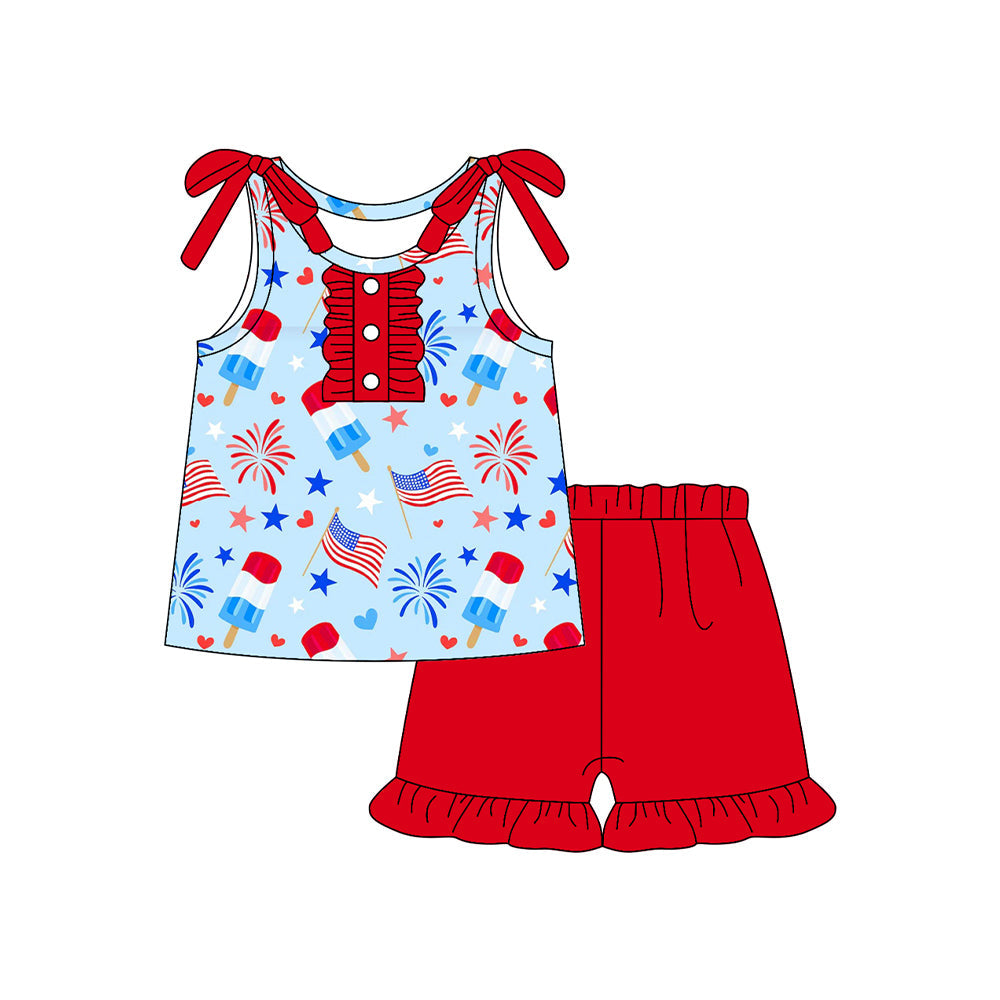 ( Moq 5 ) Preorder Baby Girls Straps Popsicles Flags Tops Red Shorts 4th of July Clothes Set