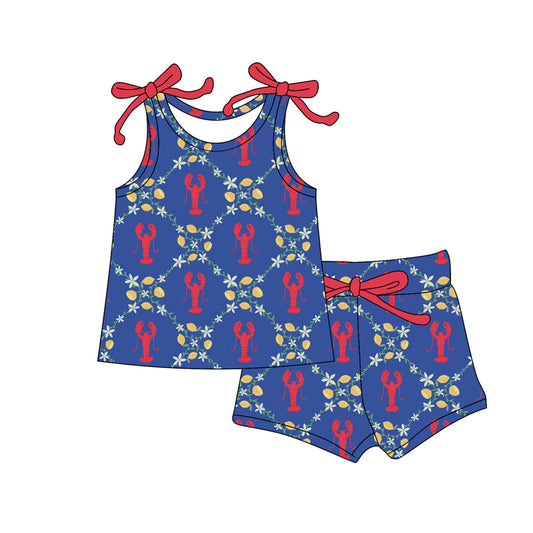 ( Moq 5 ) Preorder Baby Girls Straps Crawfish Flower Tops Shorts Summer Clothes Blue Set