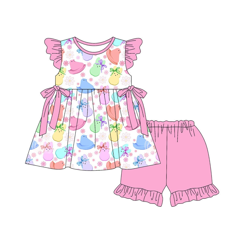 ( Moq 5 ) Preorder Baby Girls Kids Short Sleeves Rabbits Flowers Bows Tunic Ruffle Shorts Easter Set