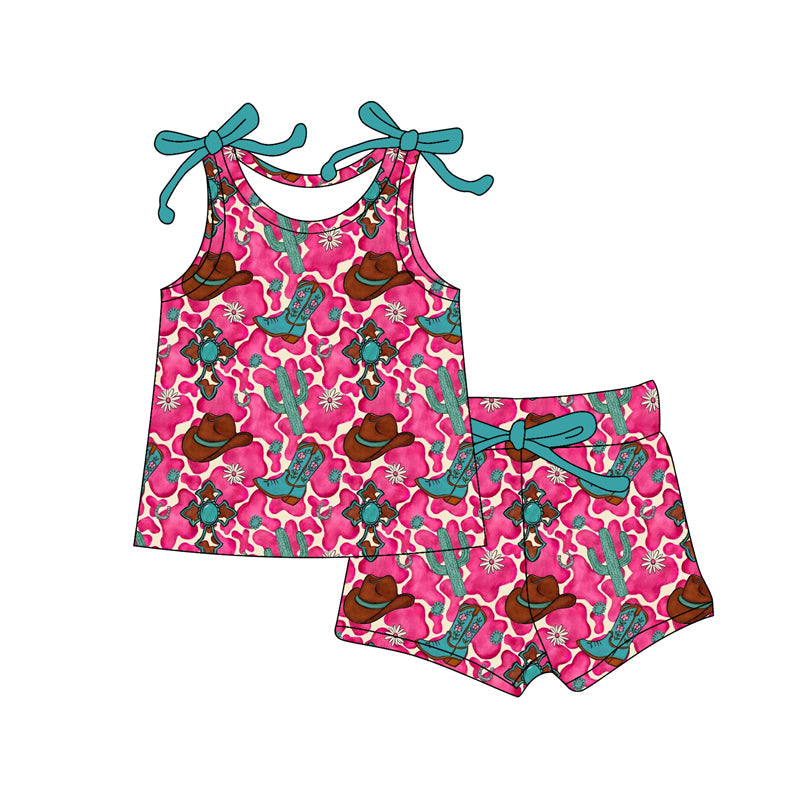 ( Moq 5 ) Preorder Baby Girls Cactus Boots Pink Cow Print Tops Crosses Shorts Easter Clothes Set