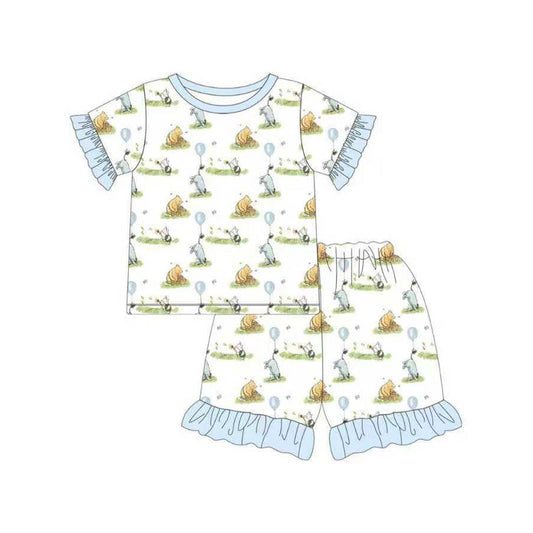( Moq 5 ) Preorder Baby Girls Short Sleeves Bear Shirt Ruffle Shorts Pajamas Clothes Set