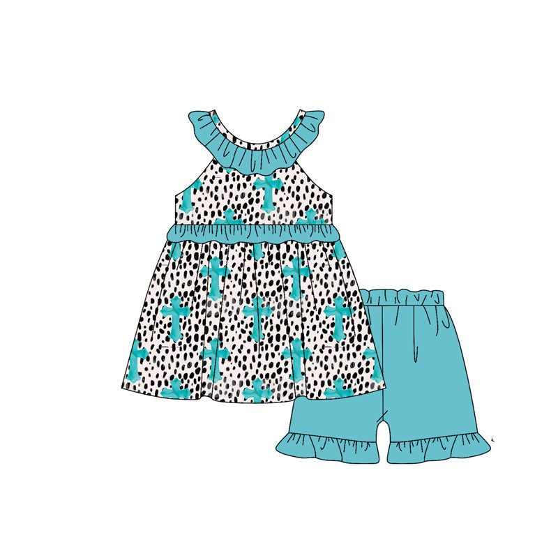 ( Moq 5 ) Preorder Baby Girls Kids Easter Crosses Dots Tops Green Ruffle Shorts Clothes Set