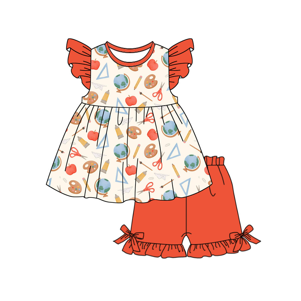 ( Moq 5 ) Preorder Baby Girls Kids Short Sleeves Pencils Tunic Ruffle Shorts Back to School Set