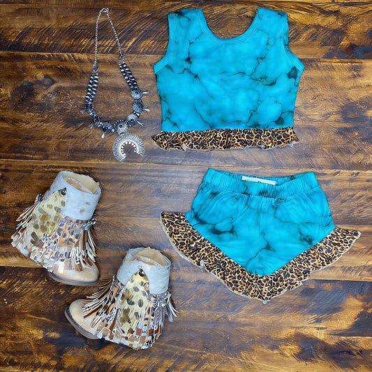 ( Moq 5 ) Preorder Baby Girls Kids Sleeveless Tops Leopard Ruffle Shorts Summer Clothes Set
