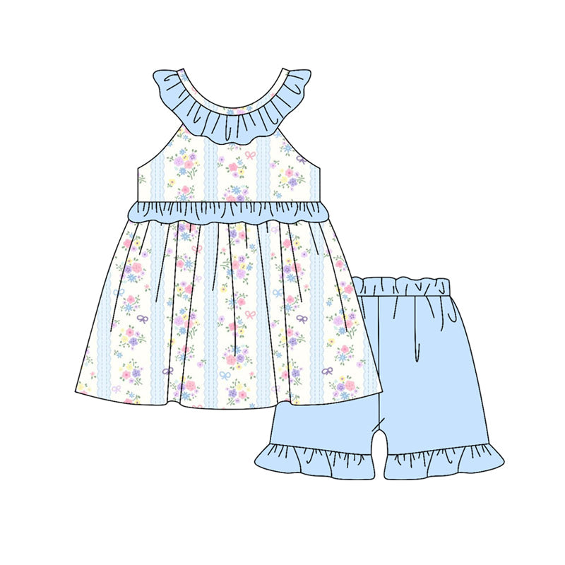 ( Moq 5 ) Preorder Baby Girls Kids Flower Ruffle Tops Blue Shorts Summer Clothes Set