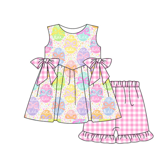 ( Moq 5 ) Preorder Baby Girls Colorful Eggs Bows Tunic Pink Plaid Shorts Easter Clothes Set