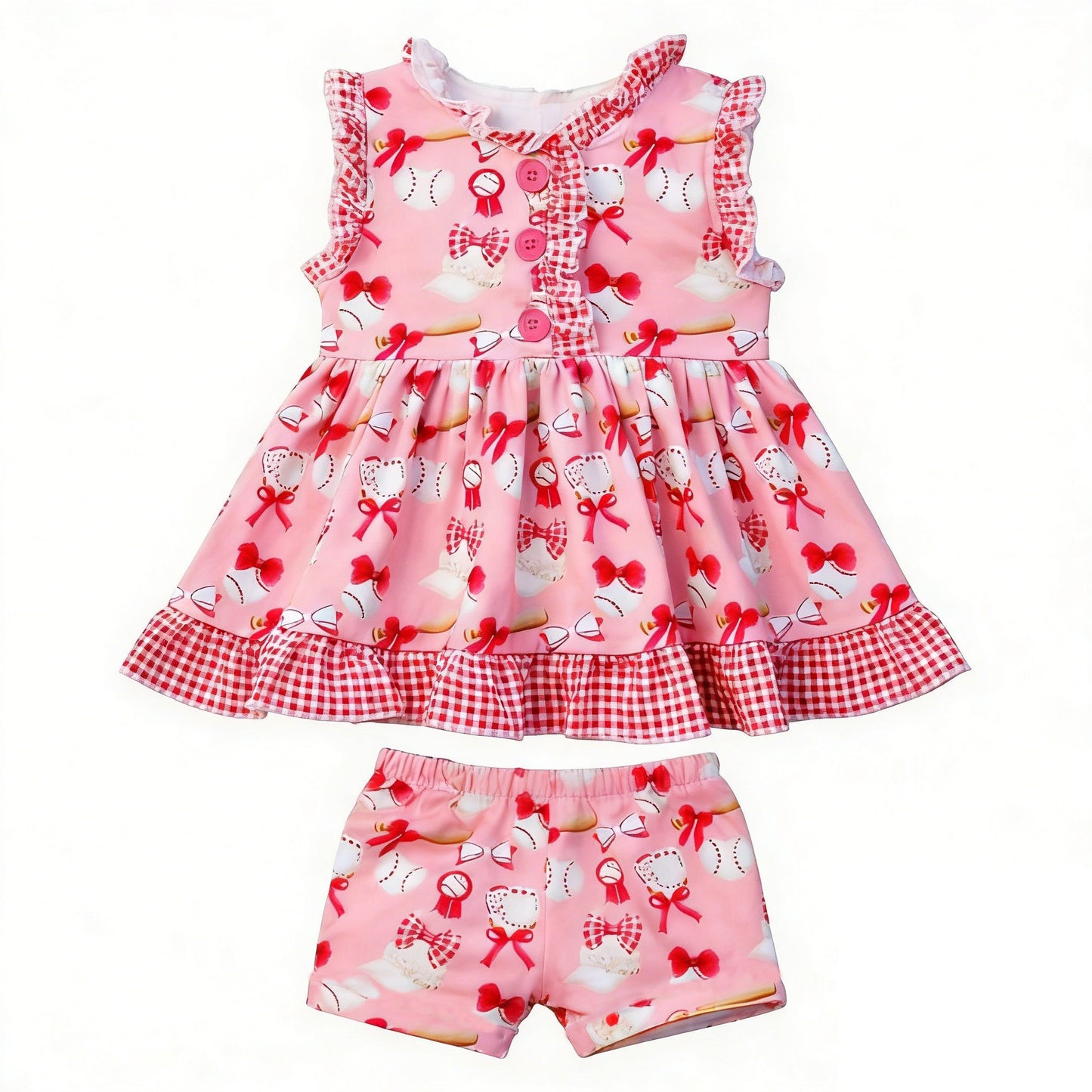 ( Moq 5 ) Preorder Baby Girls Kids Baseballs Bows Buttons Ruffle Tops Shorts Summer Clothes Set