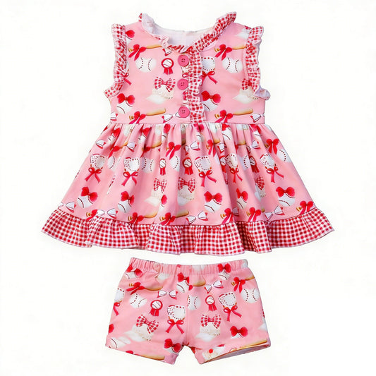 ( Moq 5 ) Preorder Baby Girls Kids Baseballs Bows Buttons Ruffle Tops Shorts Summer Clothes Set