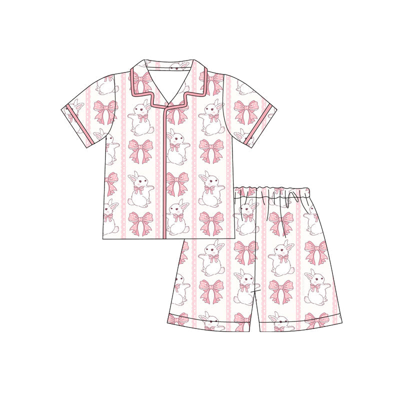 ( Moq 5 ) Preorder Baby Girls Rabbits Pink Bows Buttons Shirt Shorts Easter Pajamas Clothes Set