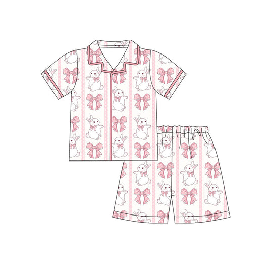 ( Moq 5 ) Preorder Baby Girls Rabbits Pink Bows Buttons Shirt Shorts Easter Pajamas Clothes Set