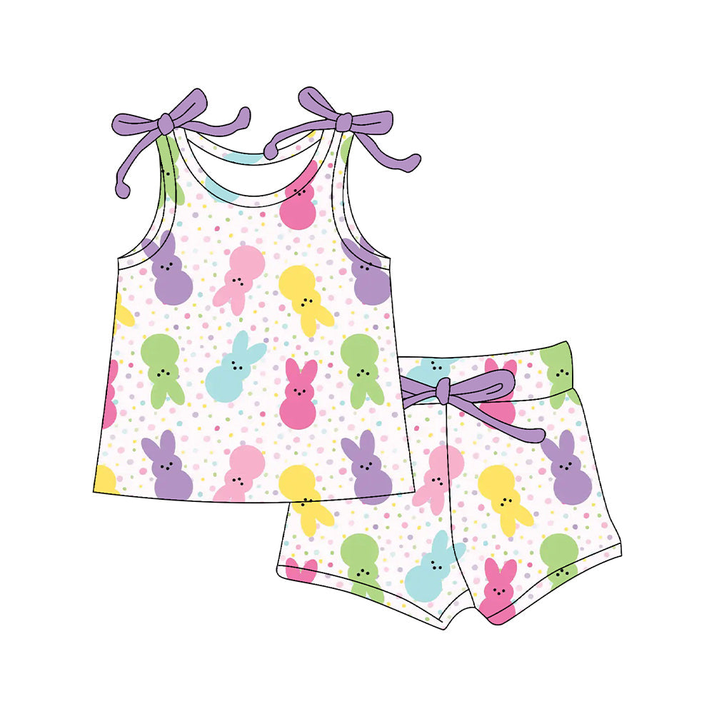 ( Moq 5 ) Preorder Baby Girls Kids Bows Straps Rabbits Tops Shorts Easter Clothes Set