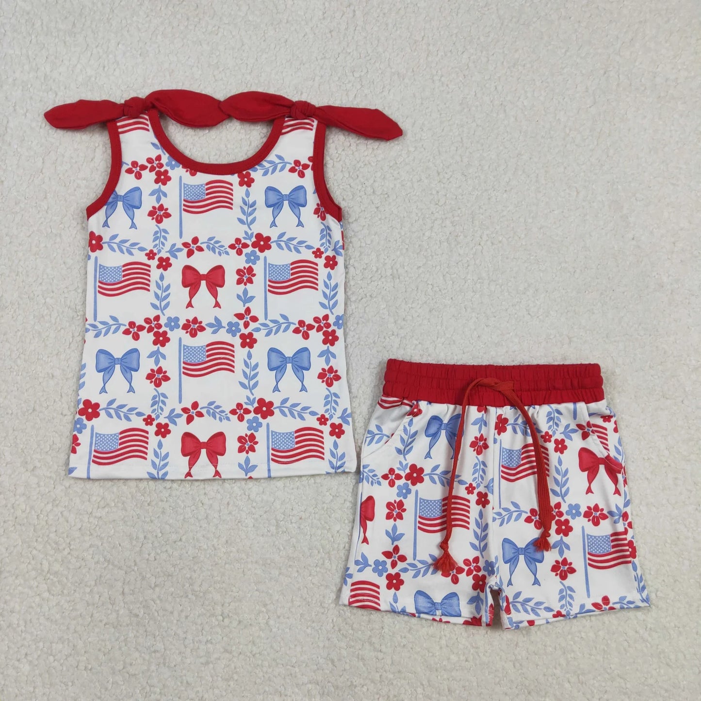Sibling Baby Girls Kids Sleeveless Flags Bows Flower Shorts Dress Set 4th of July Clothes RTS