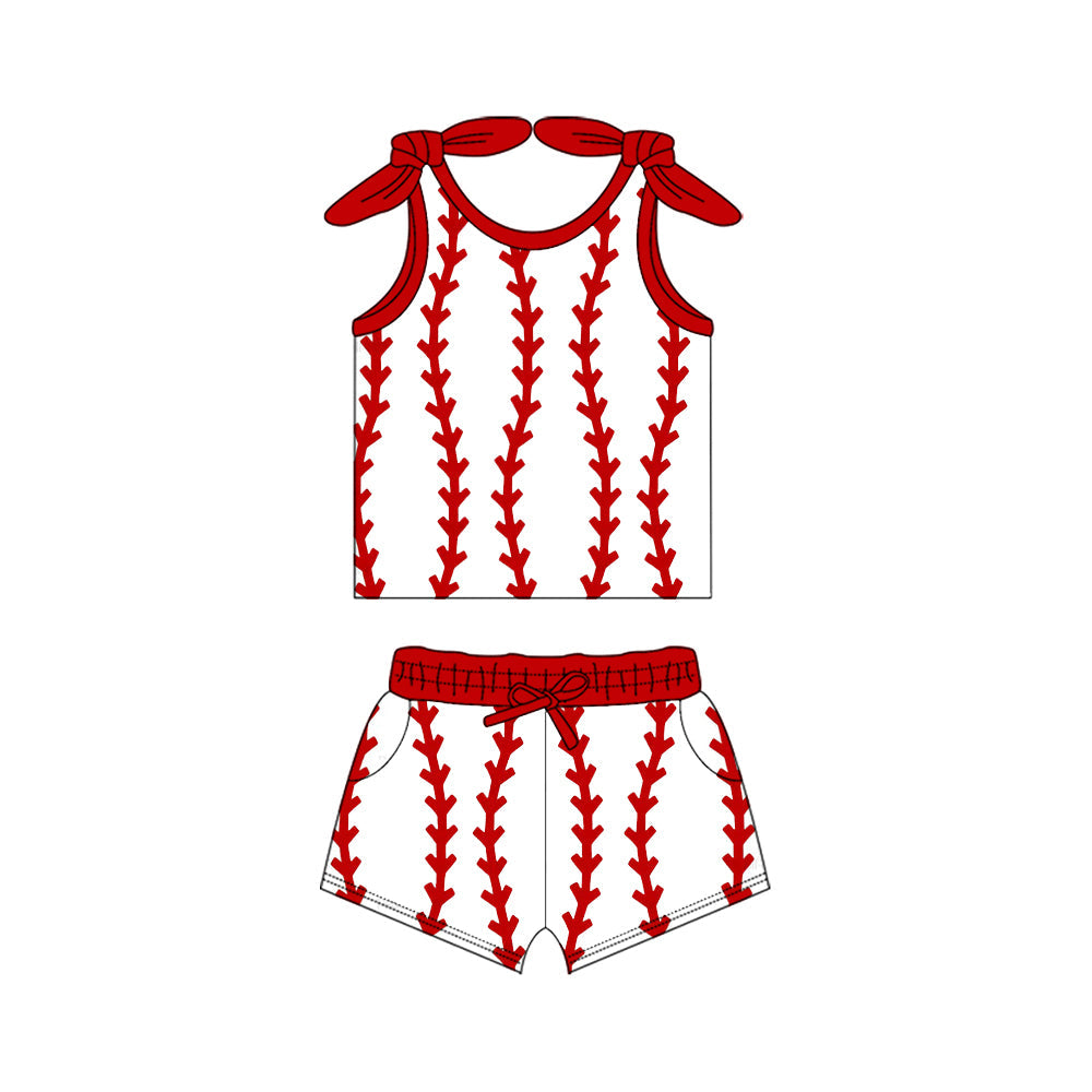 ( Moq 5 ) Preorder Baby Girls Sleeveless Baseballs Tops Pockets Shorts Summer Clothes Set