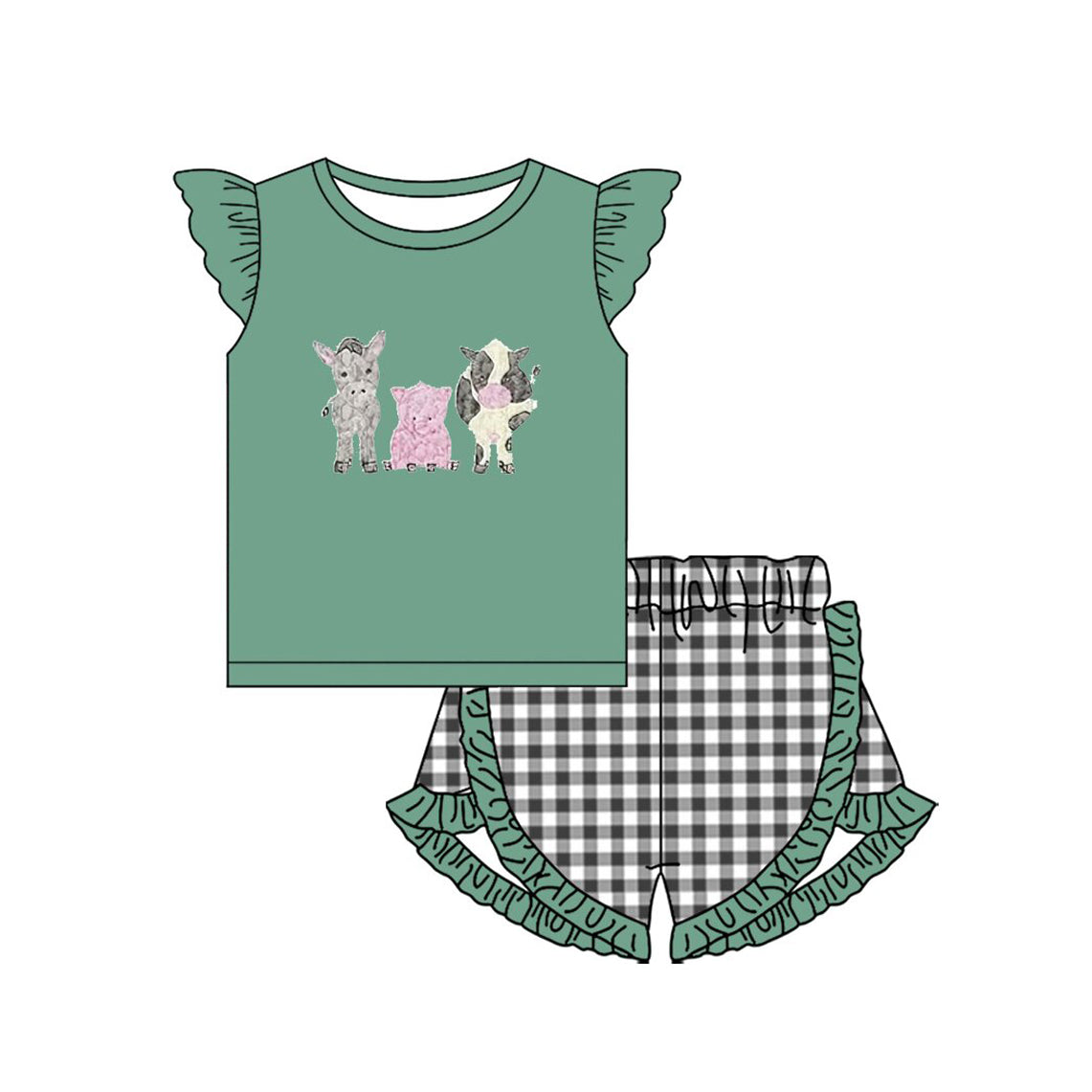 ( Moq 5 ) Preorder Baby Girls Farm Animals Green Tops Plaid Ruffle Shorts Summer Clothes Set