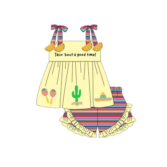 ( Moq 5 ) Preorder Baby Girls Sleeveless Cactus Tops Stripes Ruffle Shorts Western Clothes Set