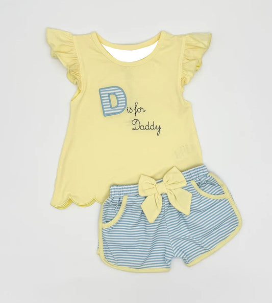 ( Moq 5 ) Preorder Baby Girls Short Sleeves Daddy Yellow Tops Stripes Pockets Bows Shorts Clothes Set