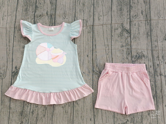 ( No moq ) Preorder Baby Girls Embroidery Ball Beach Stripes Tops Pink Shorts Clothes Set