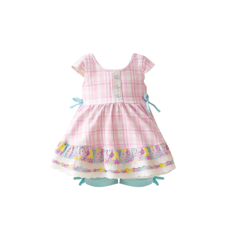 ( Moq 5 ) Preorder Baby Girls Short Sleeves Pink Plaid Flower Bows Tunic Shorts Clothes Set