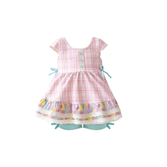 ( Moq 5 ) Preorder Baby Girls Short Sleeves Pink Plaid Flower Bows Tunic Shorts Clothes Set