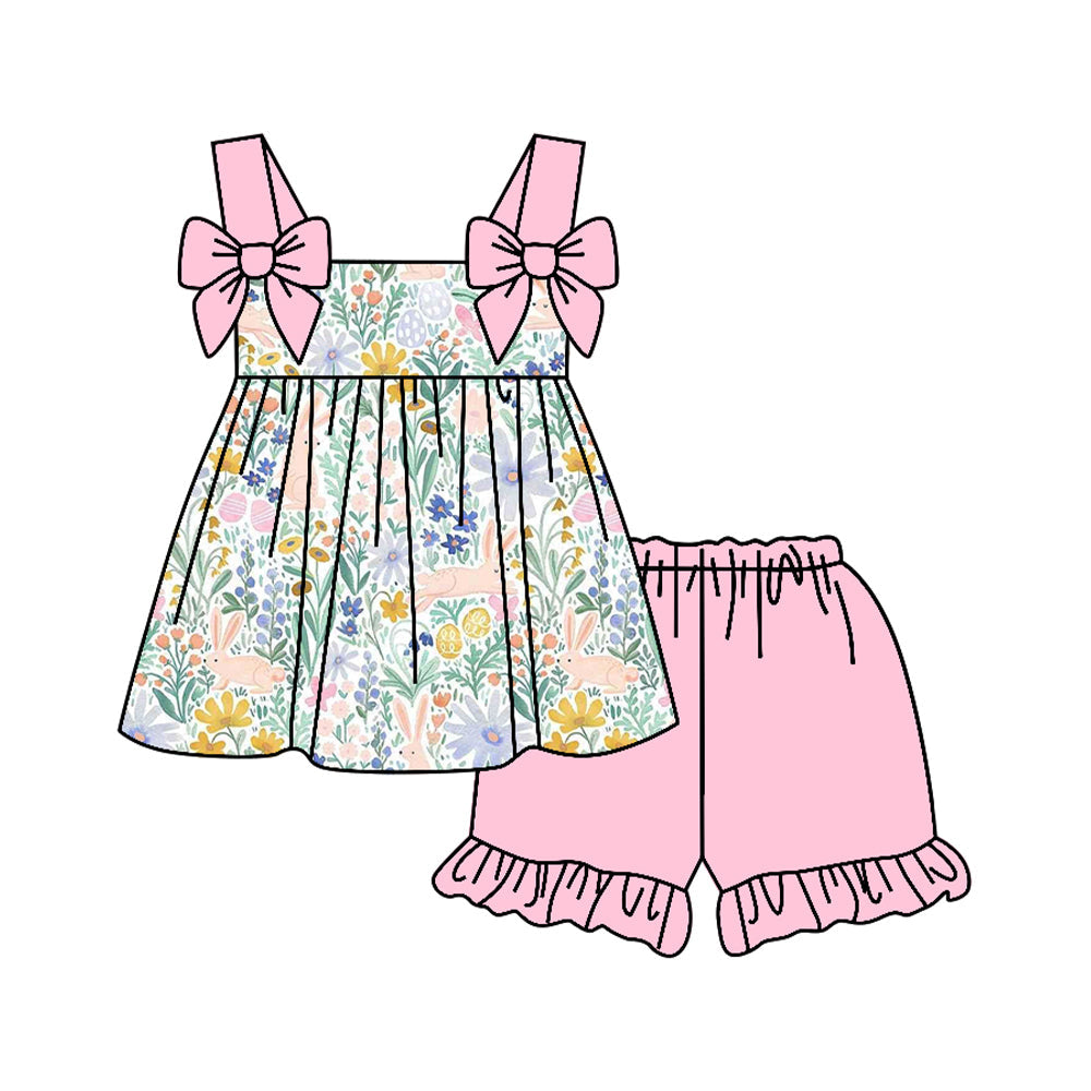( Moq 5 ) Preorder Baby Girls Kids Rabbits Eggs Flower Bows Tunic Pink Shorts Easter Clothes Set