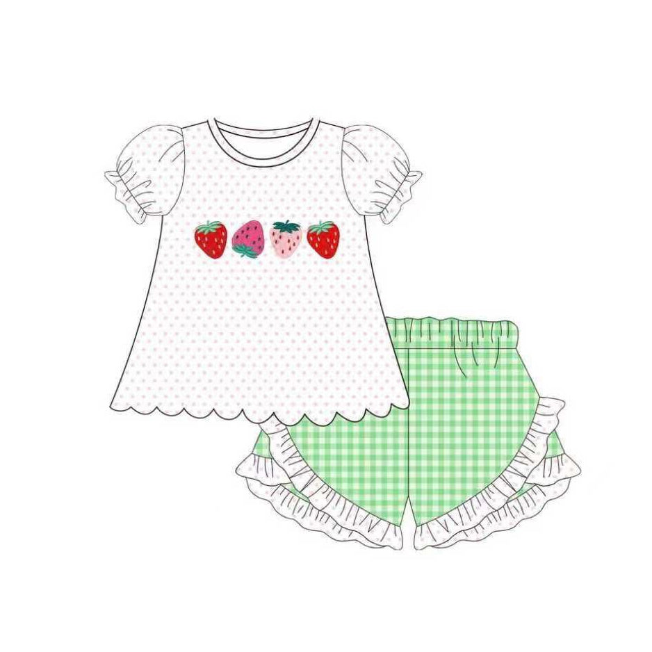 ( Moq 5 ) Preorder Baby Girls Short Sleeves Strawberry Tunic Green Plaid Ruffle Shorts Clothes Set