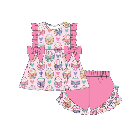 ( Moq 5 ) Preorder Baby Girls Kids Eggs Bows Hearts Tunic Ruffle Shorts Girls Easter Clothes Set