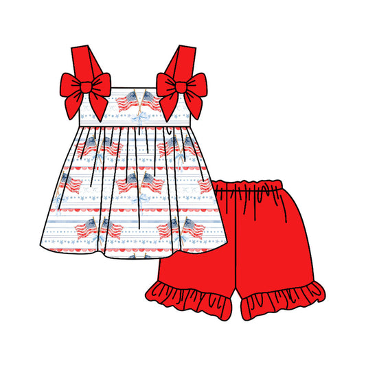 ( Moq 5 ) Preorder Baby Girls Kids Flags Bows Stars Tunic Red Ruffle Shorts 4th of July Clothes Set