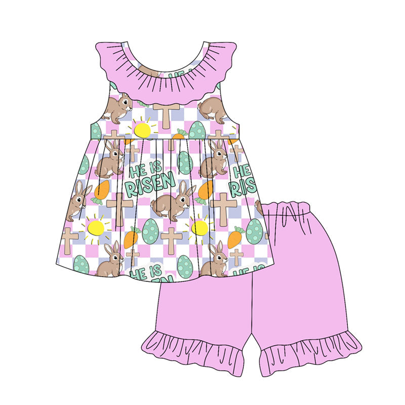 ( Moq 5 ) Preorder Baby Girls Rabbits Eggs Crosses Plaid Ruffle Tunic Shorts Easter Clothes Set