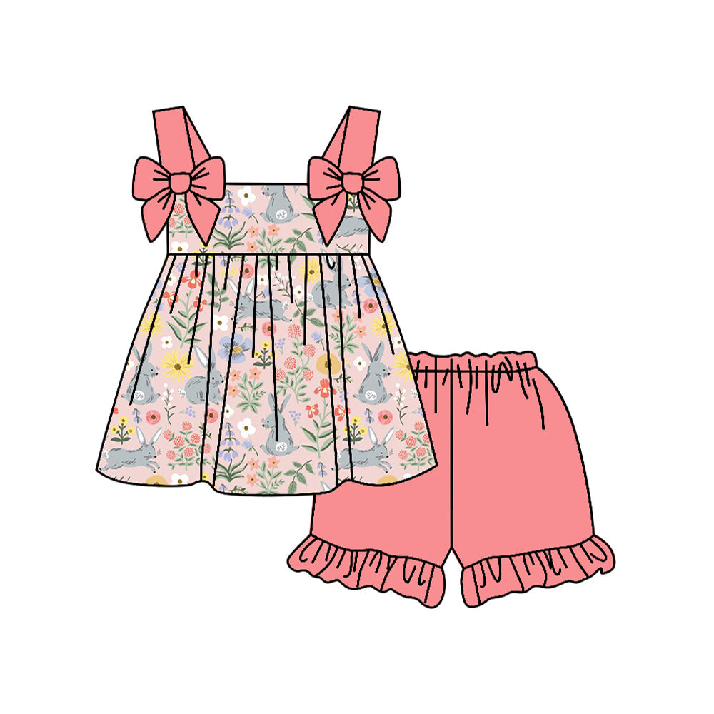 ( Moq 5 ) Preorder Baby Girls Sleeveless Rabbits Flower Tunic Ruffle Shorts Easter Clothes Set