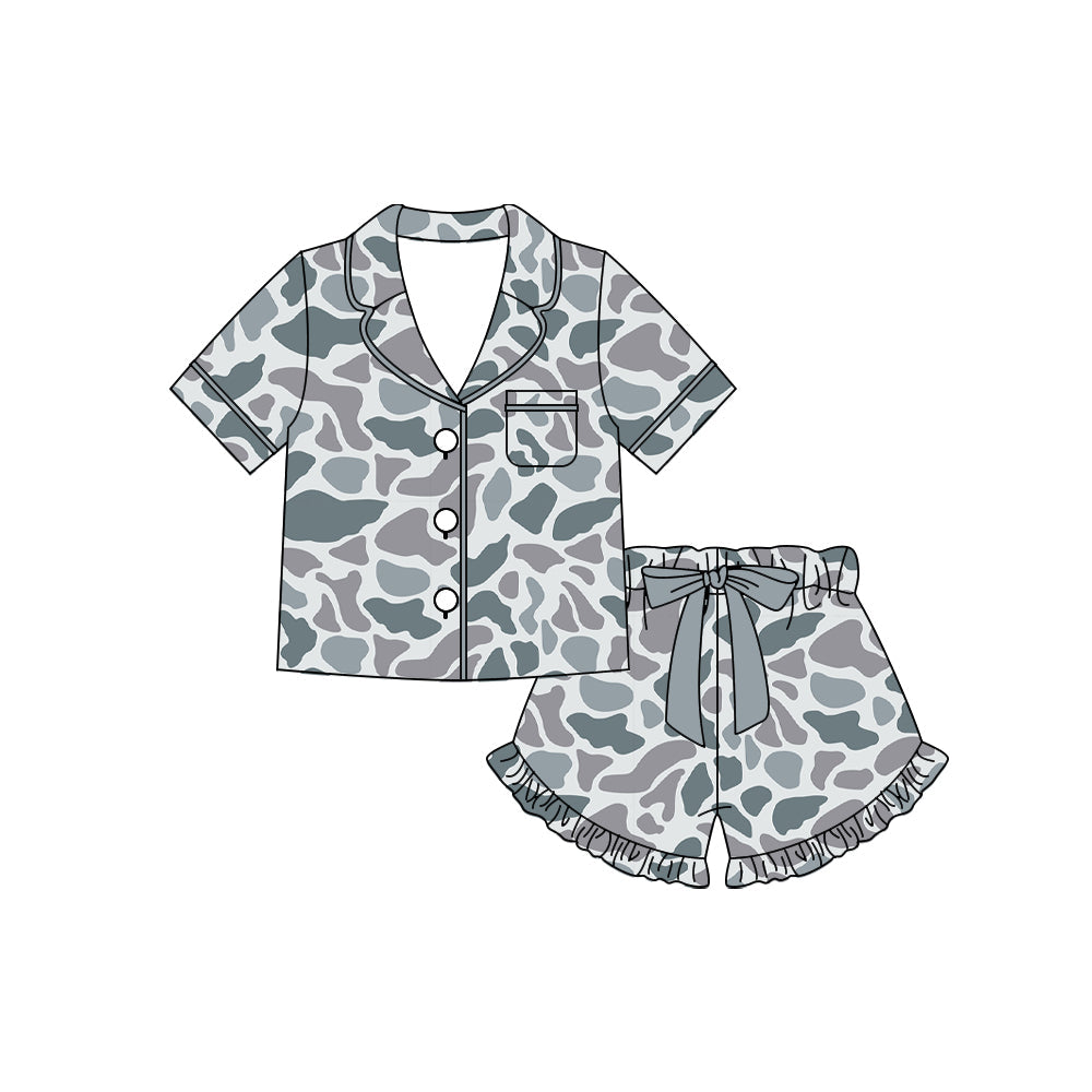 ( Moq 5 ) Preorder Baby Girls Short Sleeves Grey Camo Buttons Shirt Bows Shorts Pajamas Clothes Set